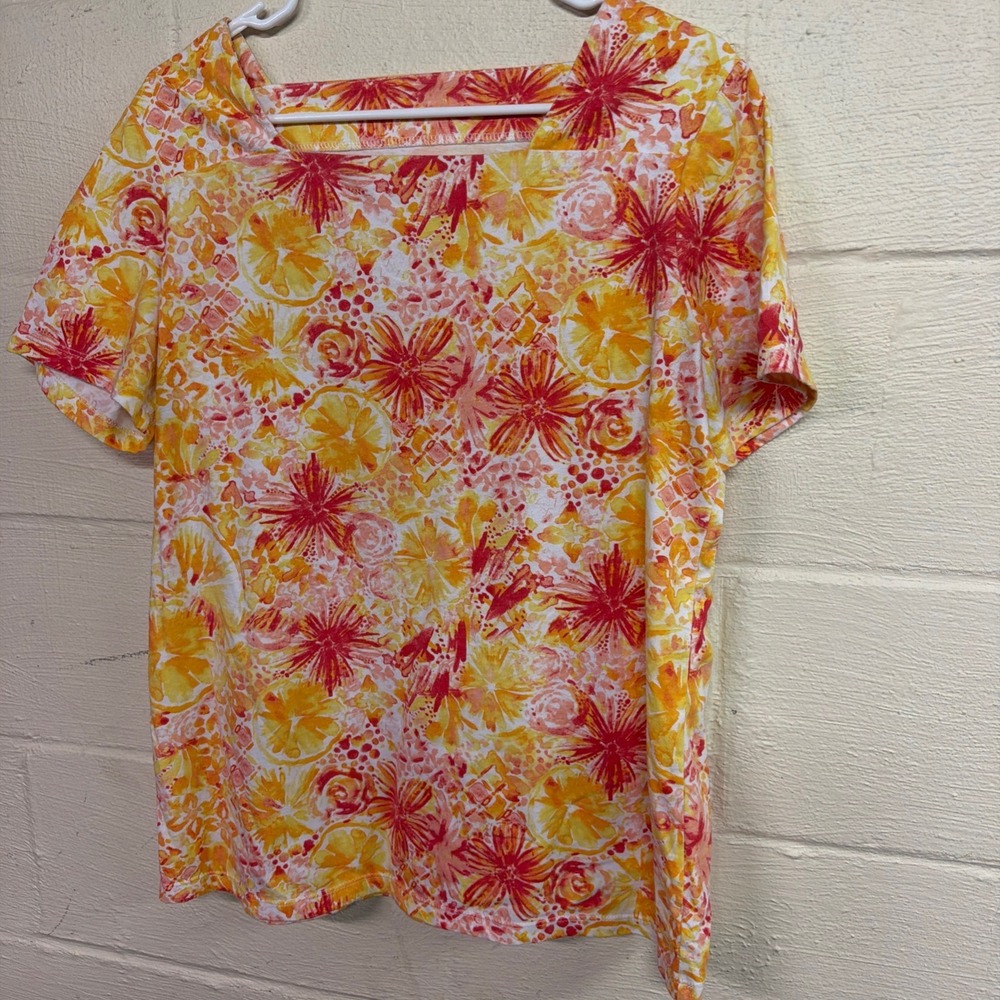 Coral Bay‎ Women L Square Neck casual office Short Sleeve cottagecore academia